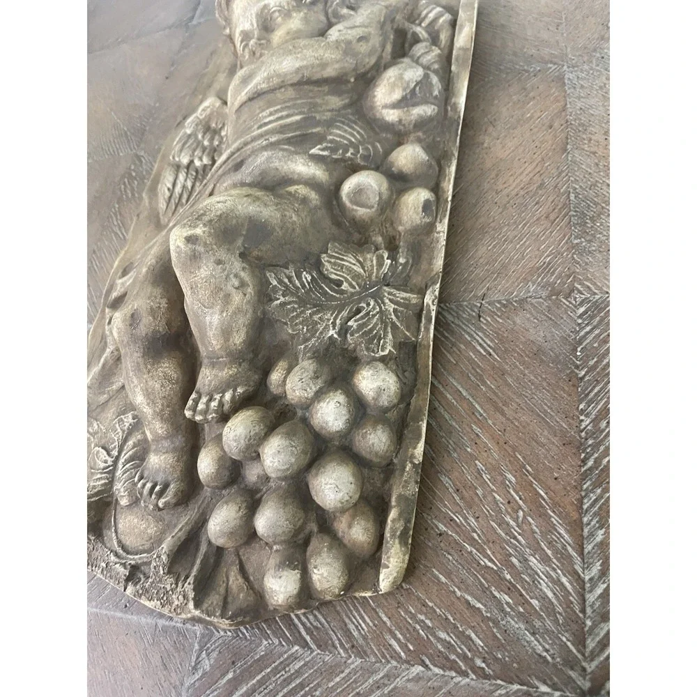 Vtg Hen-Feathers Cherub Angel Fruit  Wall Plaque Relief Resin 7x12